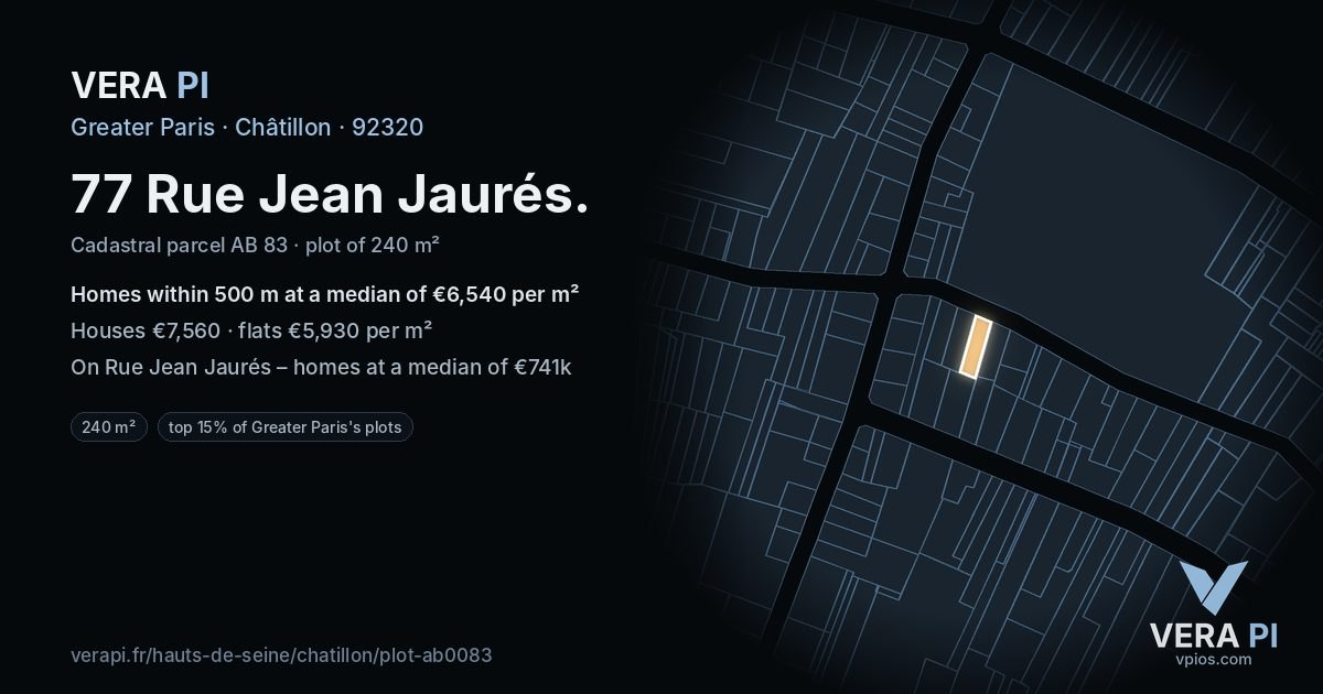 77 Rue Jean Jaurés, Châtillon at night – the plot lit, the parcels around coloured by the prices near them