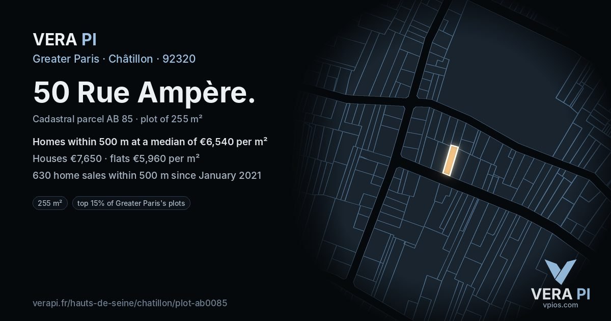50 Rue Ampère, Châtillon at night – the plot lit, the parcels around coloured by the prices near them