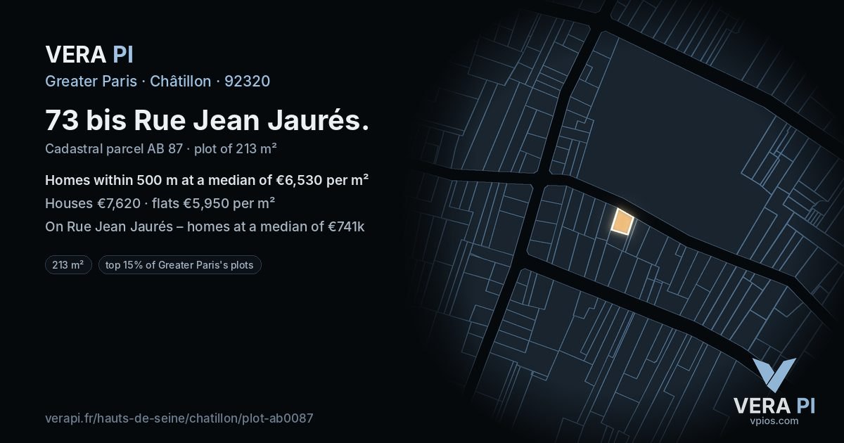 73 bis Rue Jean Jaurés, Châtillon at night – the plot lit, the parcels around coloured by the prices near them