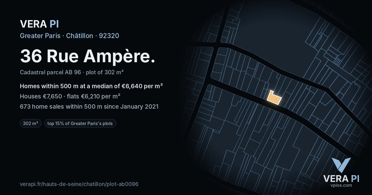 36 Rue Ampère, Châtillon at night – the plot lit, the parcels around coloured by the prices near them