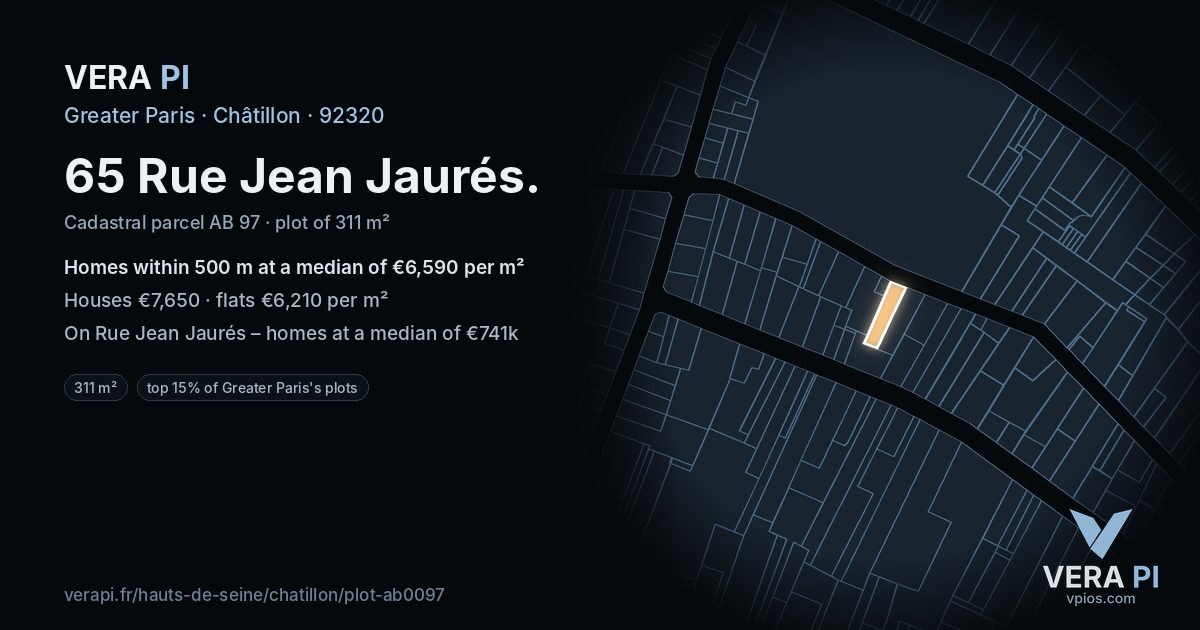 65 Rue Jean Jaurés, Châtillon at night – the plot lit, the parcels around coloured by the prices near them