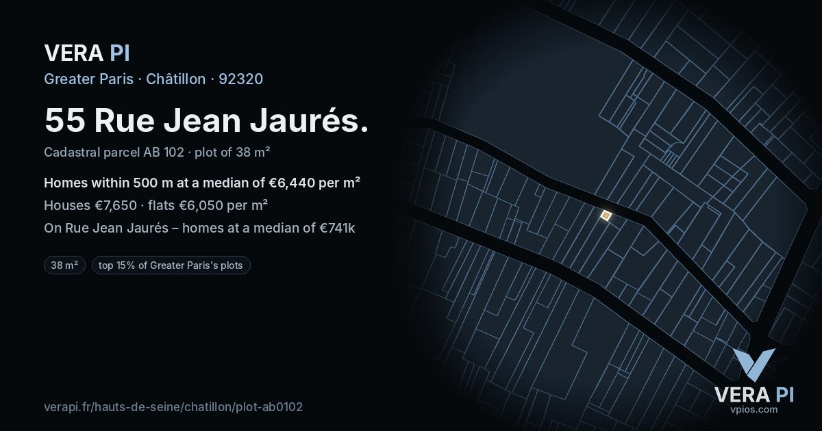 55 Rue Jean Jaurés, Châtillon at night – the plot lit, the parcels around coloured by the prices near them