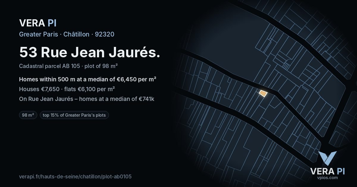 53 Rue Jean Jaurés, Châtillon at night – the plot lit, the parcels around coloured by the prices near them