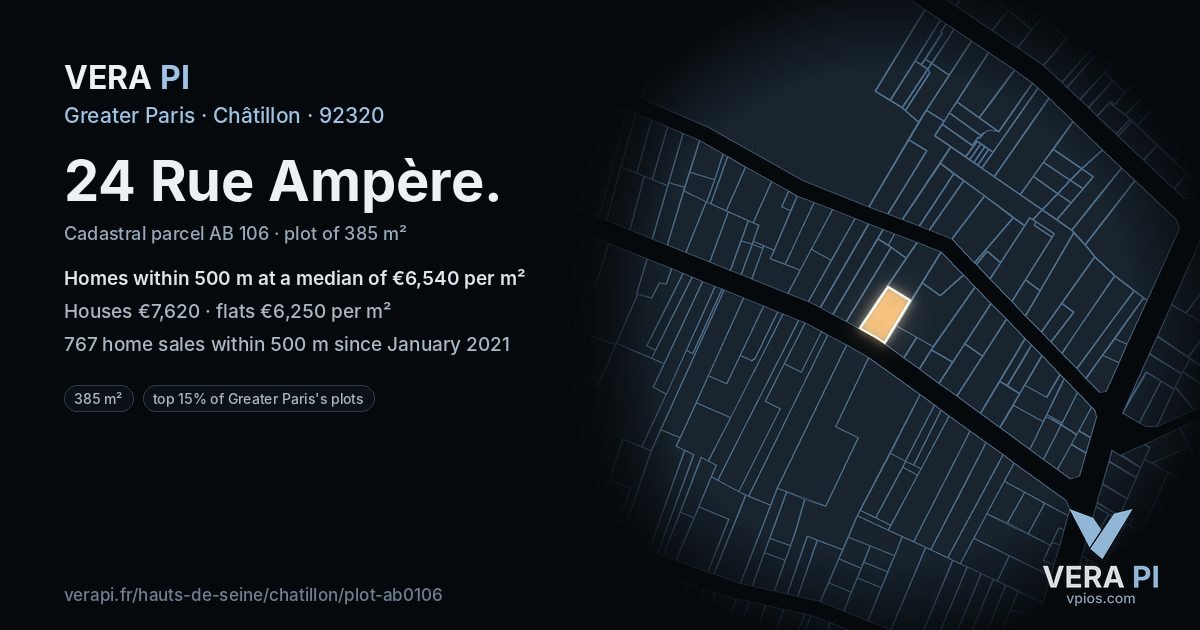 24 Rue Ampère, Châtillon at night – the plot lit, the parcels around coloured by the prices near them