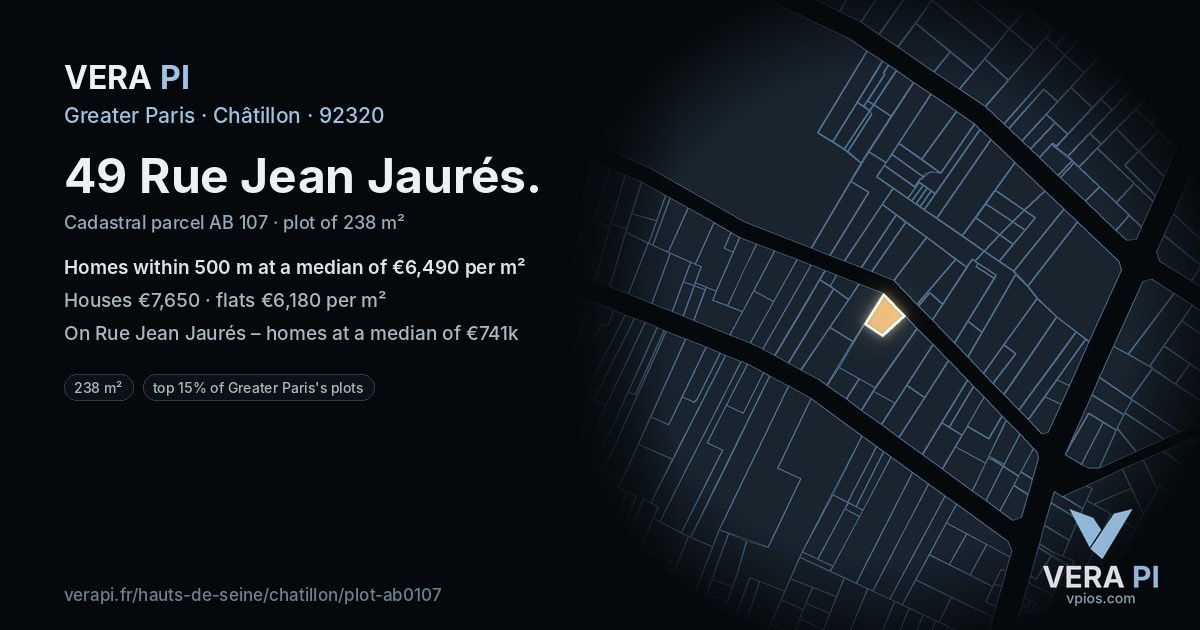 49 Rue Jean Jaurés, Châtillon at night – the plot lit, the parcels around coloured by the prices near them