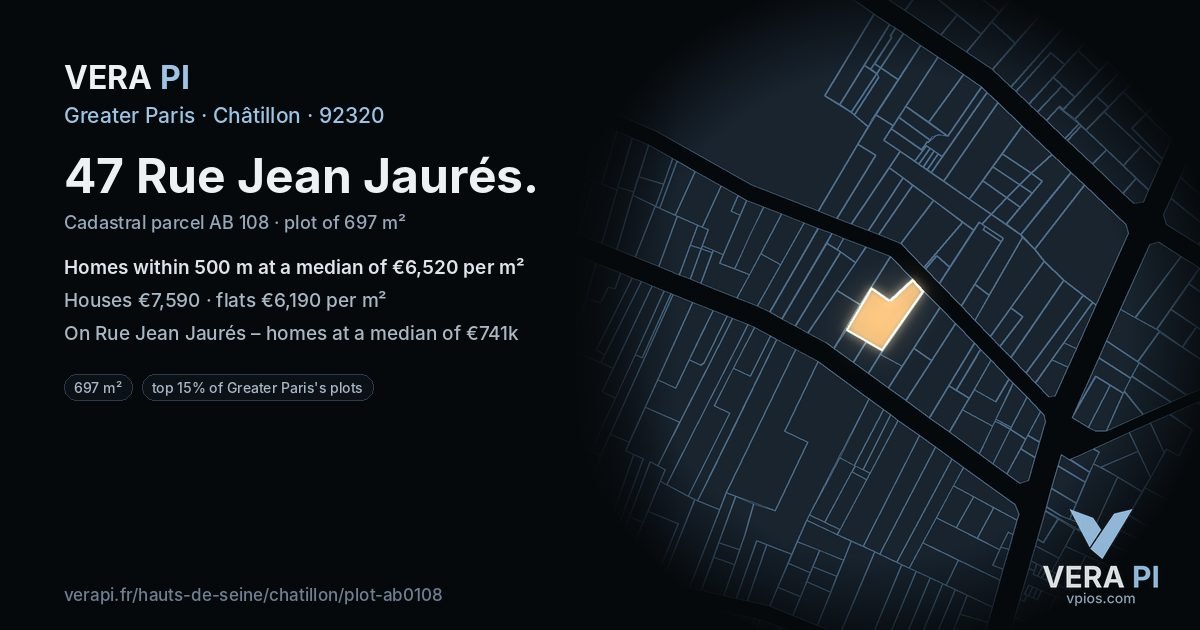 47 Rue Jean Jaurés, Châtillon at night – the plot lit, the parcels around coloured by the prices near them