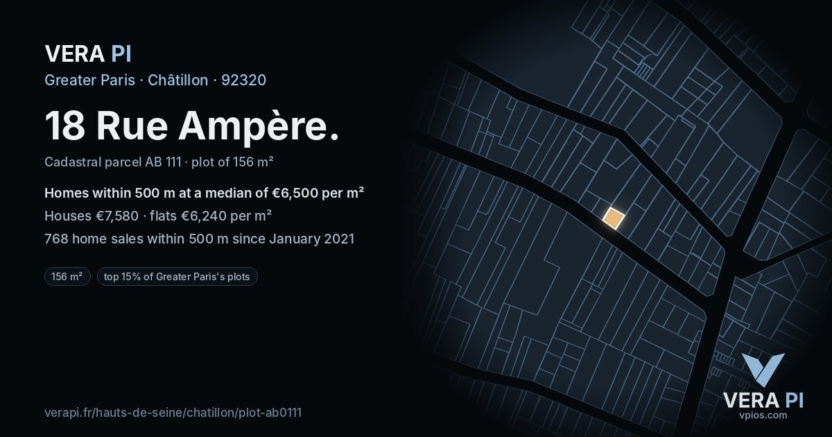 18 Rue Ampère, Châtillon at night – the plot lit, the parcels around coloured by the prices near them