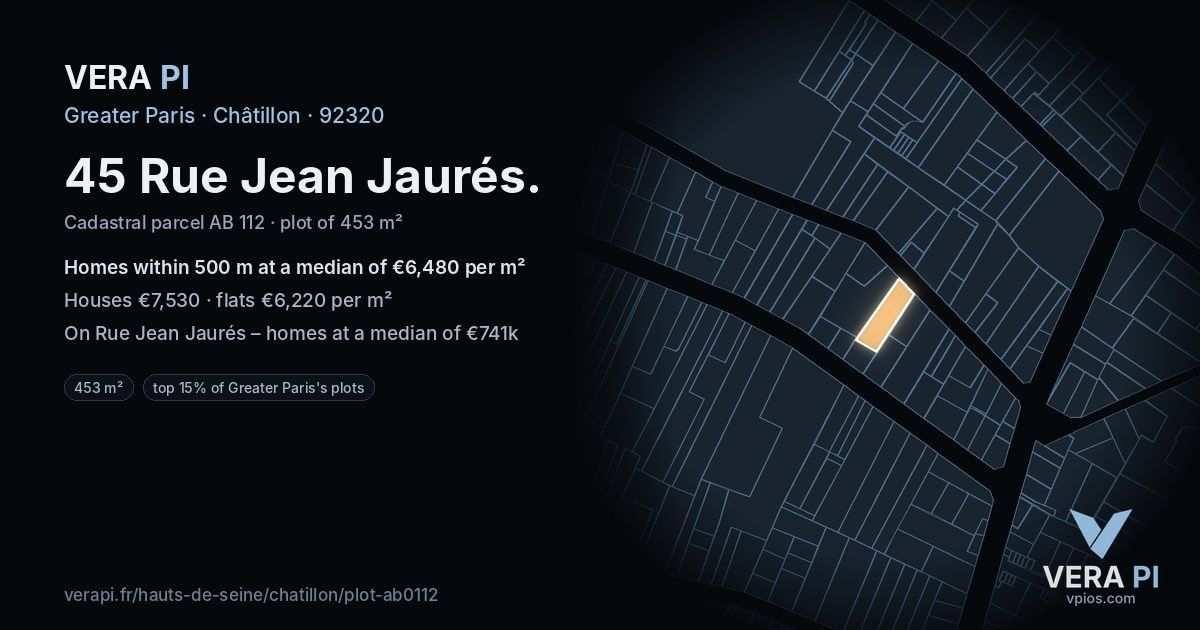 45 Rue Jean Jaurés, Châtillon at night – the plot lit, the parcels around coloured by the prices near them