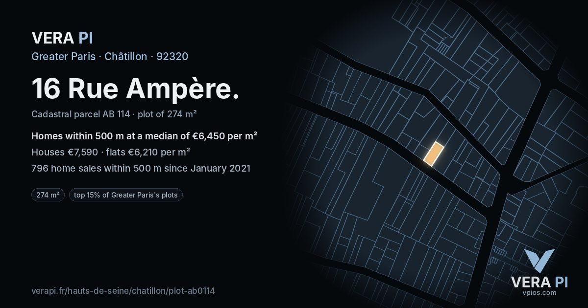 16 Rue Ampère, Châtillon at night – the plot lit, the parcels around coloured by the prices near them
