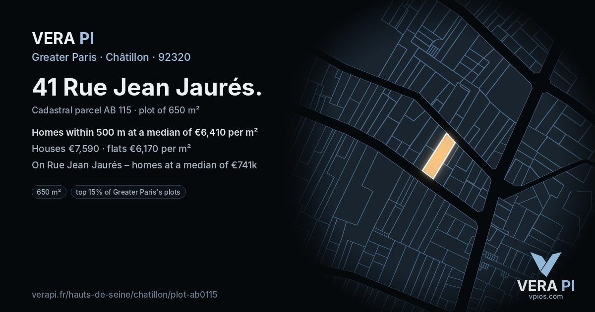 41 Rue Jean Jaurés, Châtillon at night – the plot lit, the parcels around coloured by the prices near them