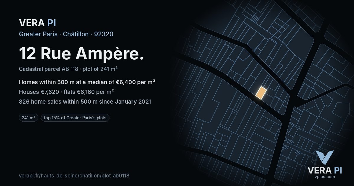 12 Rue Ampère, Châtillon at night – the plot lit, the parcels around coloured by the prices near them