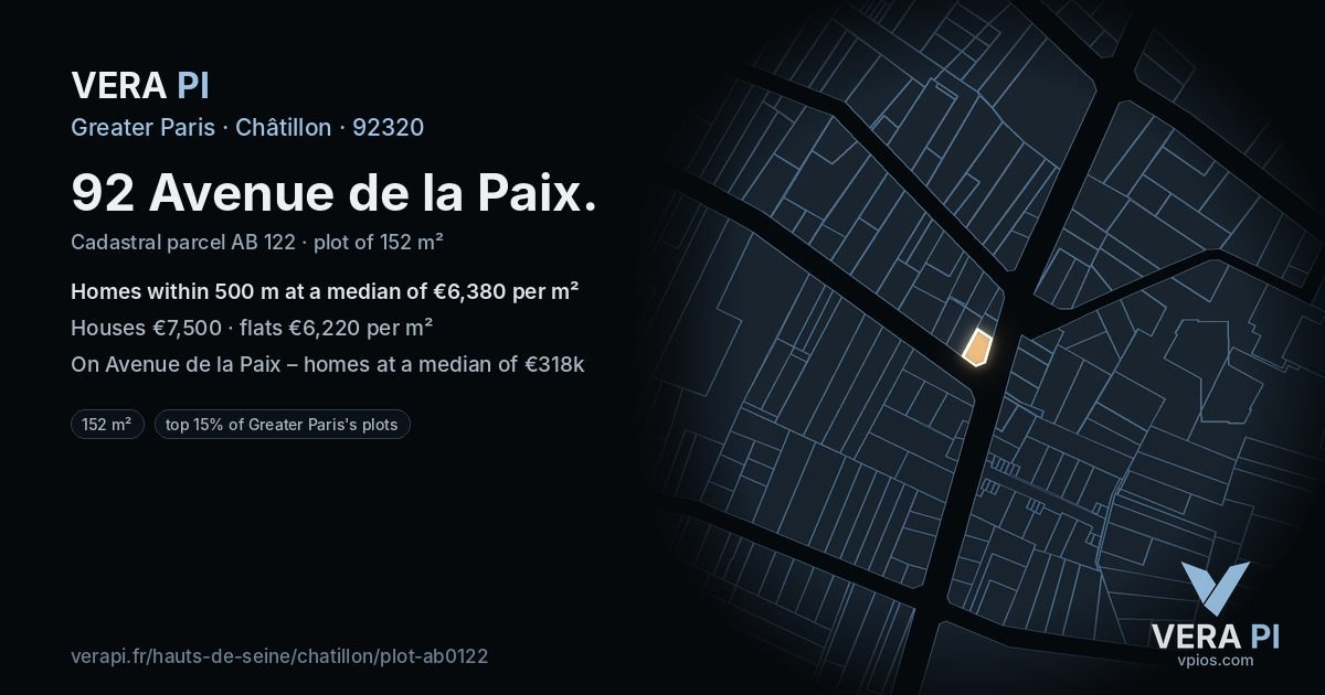 92 Avenue de la Paix, Châtillon at night – the plot lit, the parcels around coloured by the prices near them
