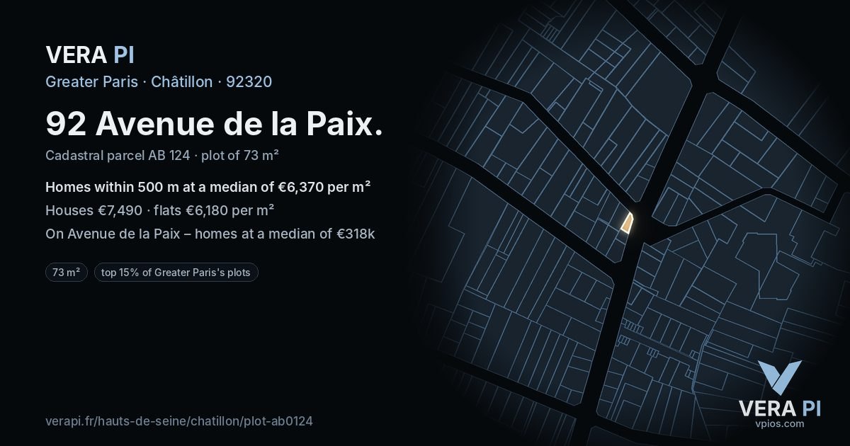 92 Avenue de la Paix, Châtillon at night – the plot lit, the parcels around coloured by the prices near them