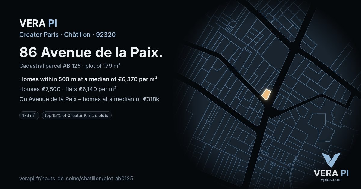 86 Avenue de la Paix, Châtillon at night – the plot lit, the parcels around coloured by the prices near them