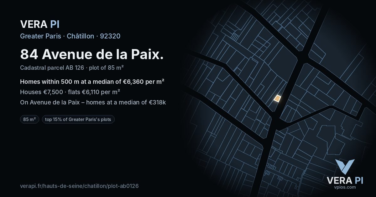 84 Avenue de la Paix, Châtillon at night – the plot lit, the parcels around coloured by the prices near them