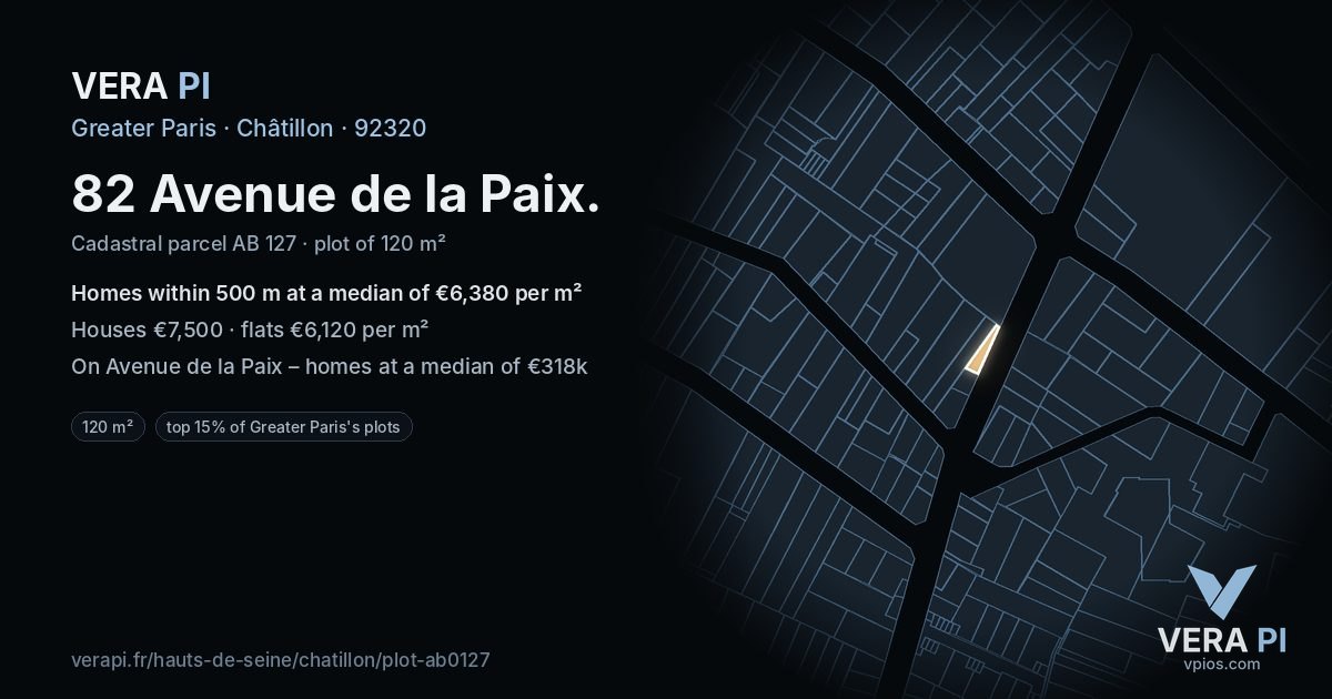 82 Avenue de la Paix, Châtillon at night – the plot lit, the parcels around coloured by the prices near them