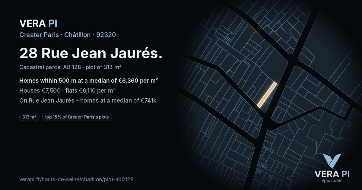 28 Rue Jean Jaurés, Châtillon at night – the plot lit, the parcels around coloured by the prices near them