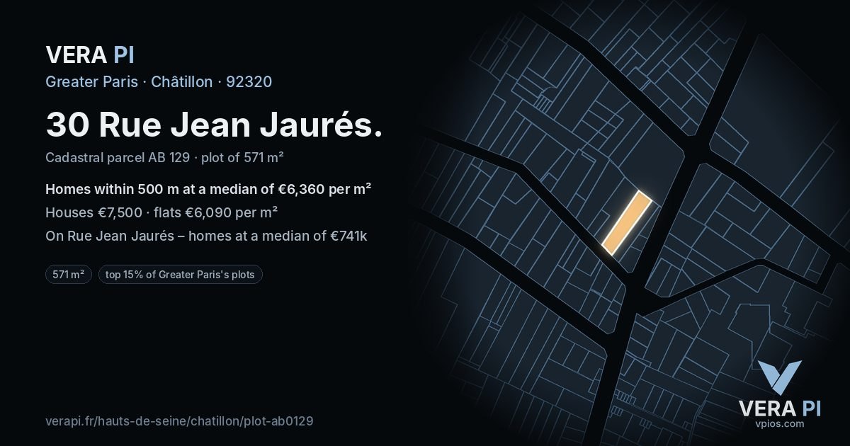 30 Rue Jean Jaurés, Châtillon at night – the plot lit, the parcels around coloured by the prices near them