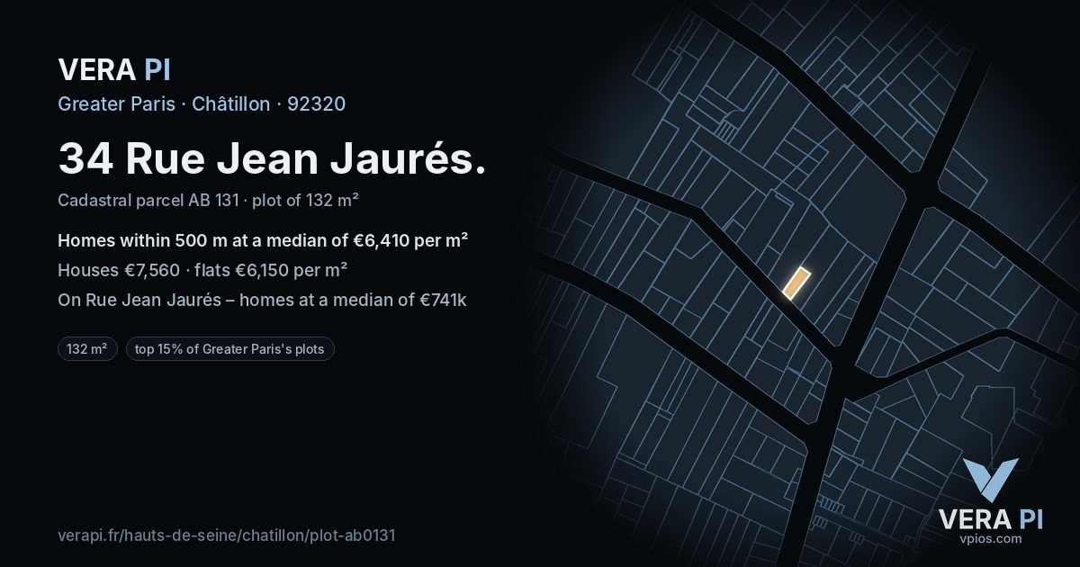 34 Rue Jean Jaurés, Châtillon at night – the plot lit, the parcels around coloured by the prices near them