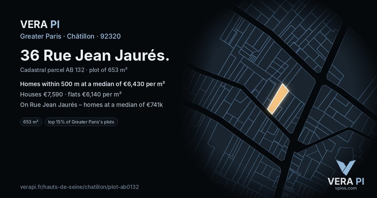 36 Rue Jean Jaurés, Châtillon at night – the plot lit, the parcels around coloured by the prices near them