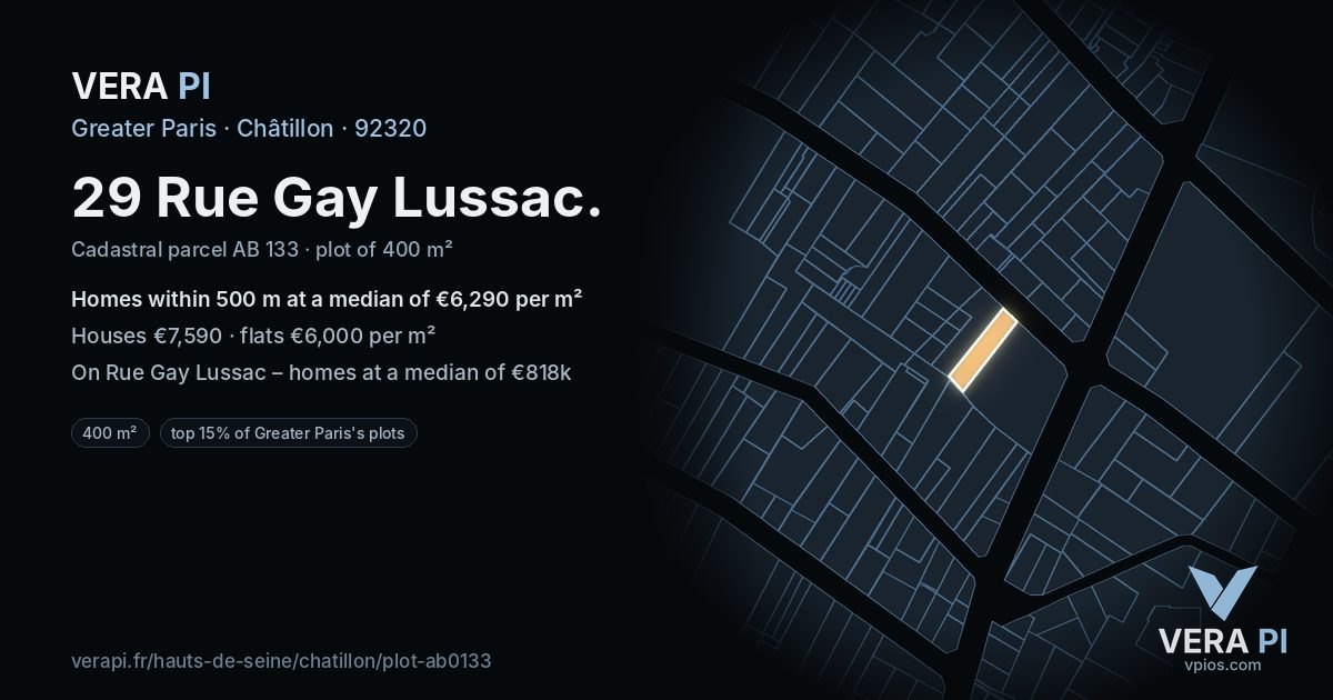 29 Rue Gay Lussac, Châtillon at night – the plot lit, the parcels around coloured by the prices near them