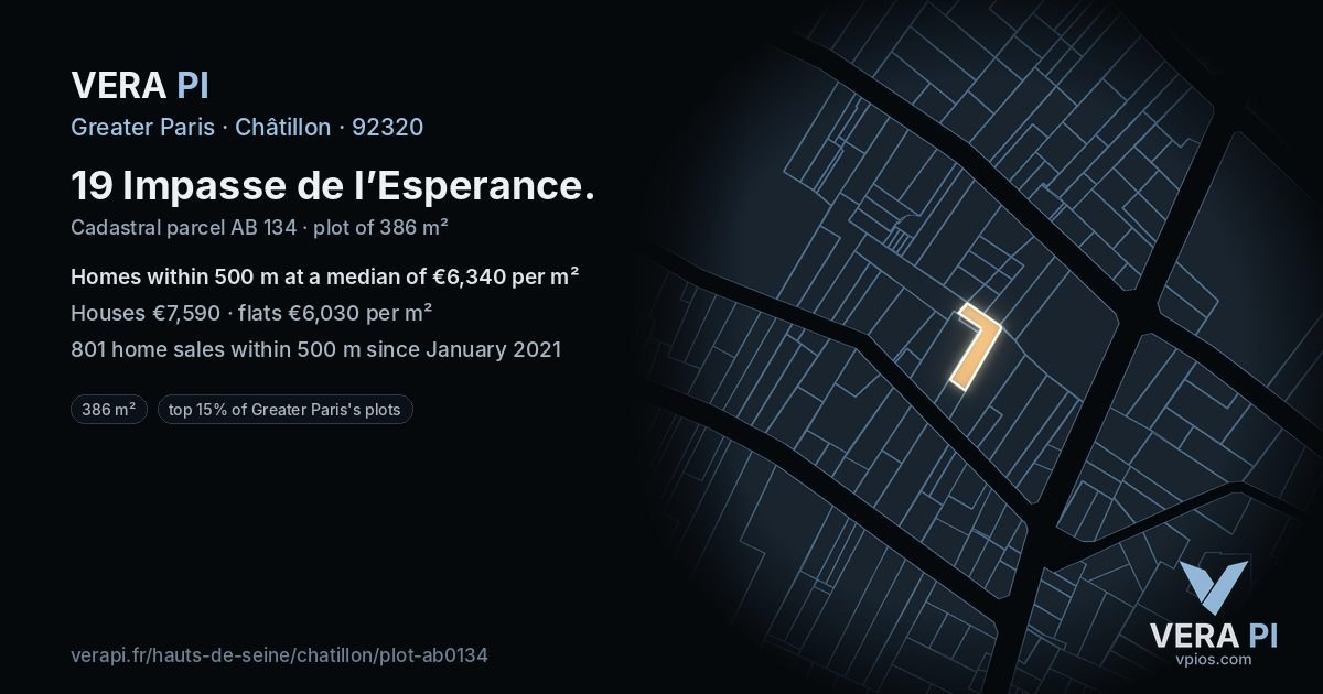 19 Impasse de l’Esperance, Châtillon at night – the plot lit, the parcels around coloured by the prices near them