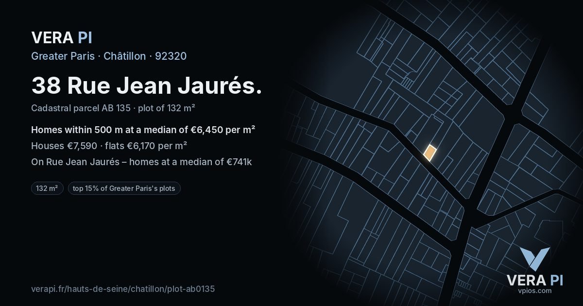38 Rue Jean Jaurés, Châtillon at night – the plot lit, the parcels around coloured by the prices near them
