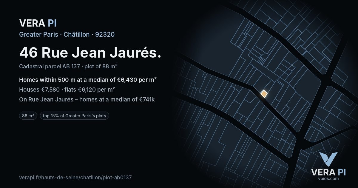 46 Rue Jean Jaurés, Châtillon at night – the plot lit, the parcels around coloured by the prices near them