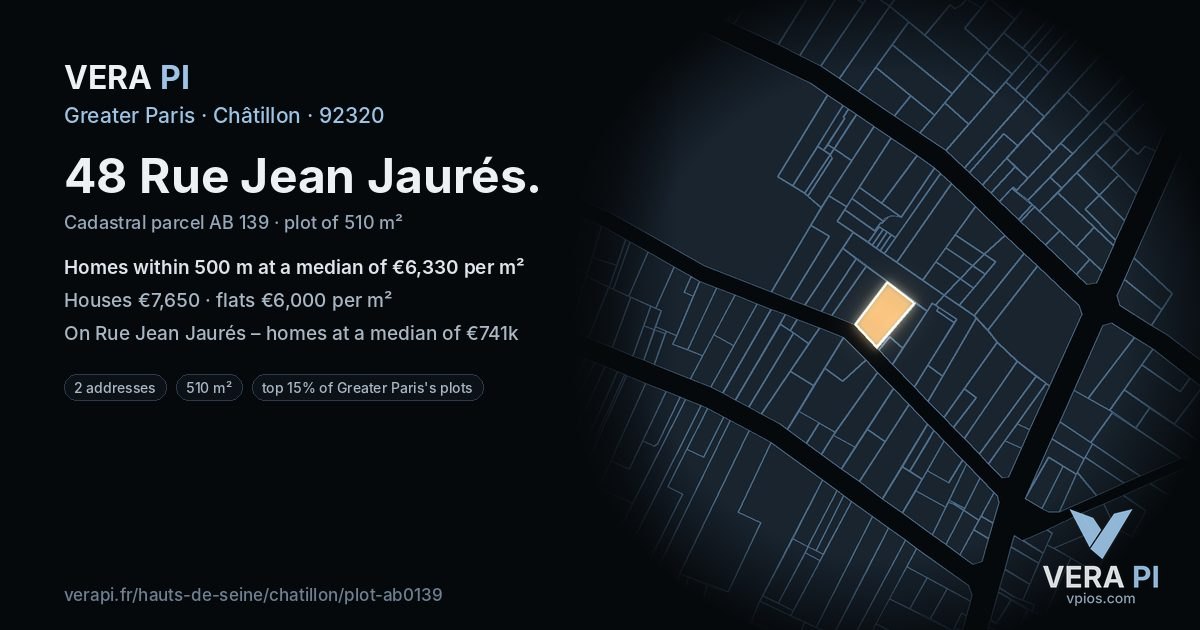 48 Rue Jean Jaurés, Châtillon at night – the plot lit, the parcels around coloured by the prices near them