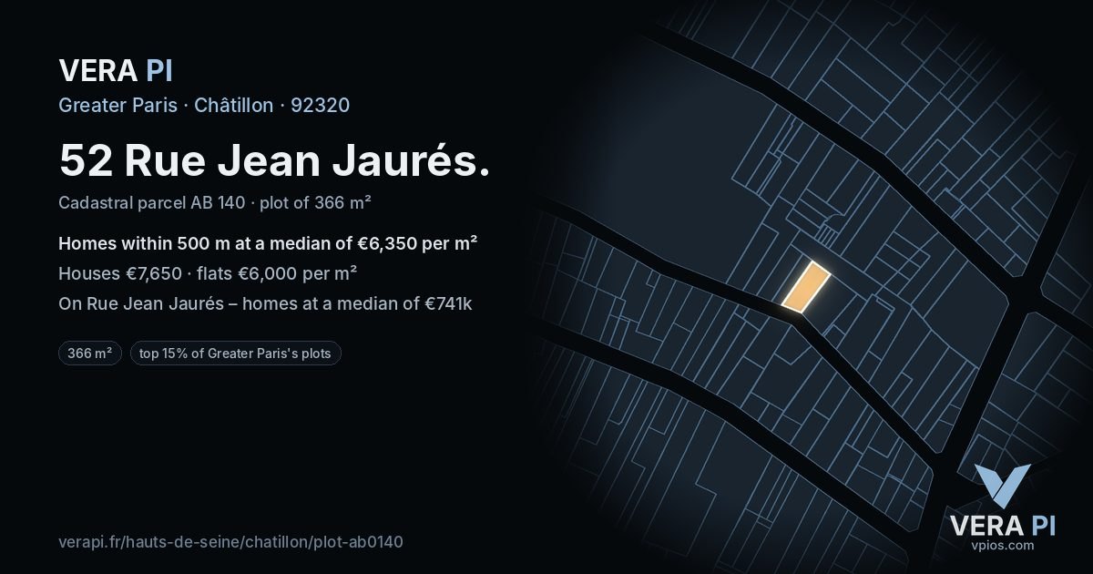 52 Rue Jean Jaurés, Châtillon at night – the plot lit, the parcels around coloured by the prices near them