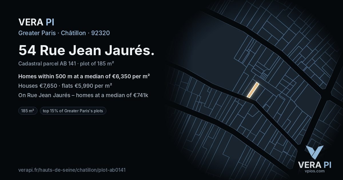 54 Rue Jean Jaurés, Châtillon at night – the plot lit, the parcels around coloured by the prices near them