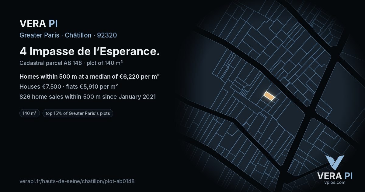 4 Impasse de l’Esperance, Châtillon at night – the plot lit, the parcels around coloured by the prices near them
