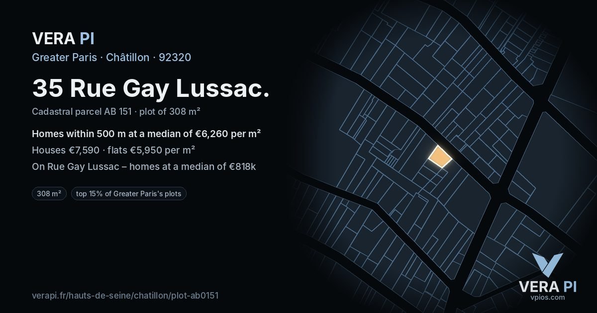 35 Rue Gay Lussac, Châtillon at night – the plot lit, the parcels around coloured by the prices near them