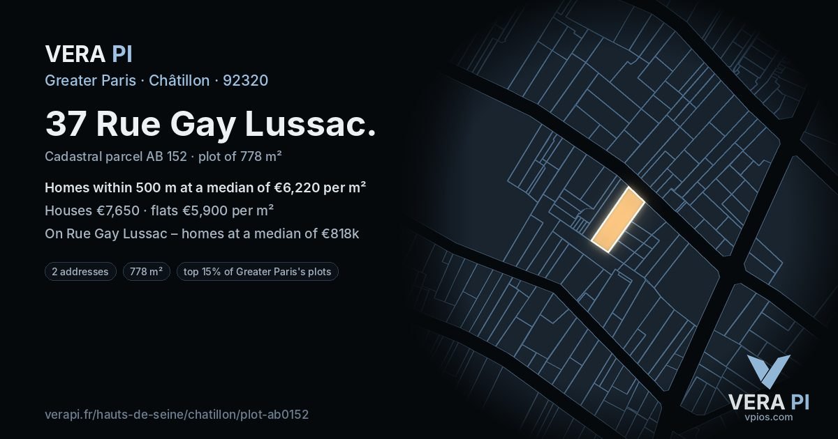 37 Rue Gay Lussac, Châtillon at night – the plot lit, the parcels around coloured by the prices near them