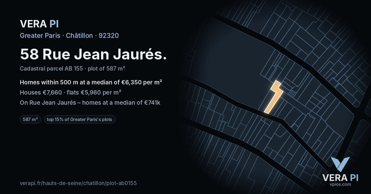 58 Rue Jean Jaurés, Châtillon at night – the plot lit, the parcels around coloured by the prices near them