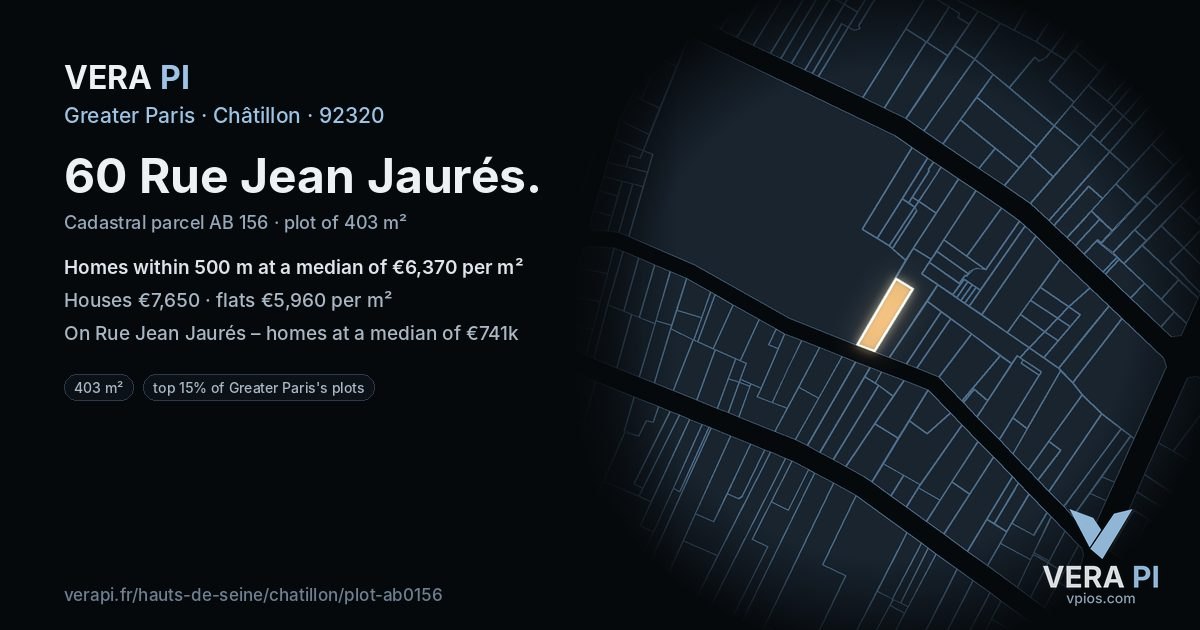 60 Rue Jean Jaurés, Châtillon at night – the plot lit, the parcels around coloured by the prices near them