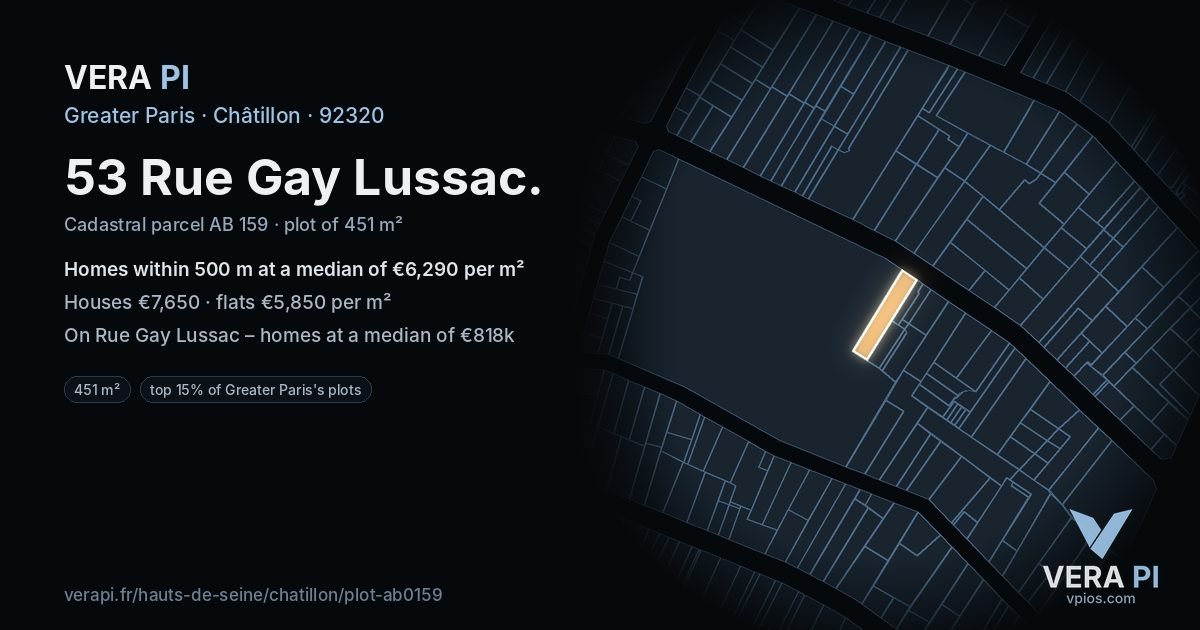 53 Rue Gay Lussac, Châtillon at night – the plot lit, the parcels around coloured by the prices near them