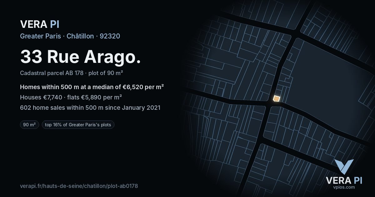 33 Rue Arago, Châtillon at night – the plot lit, the parcels around coloured by the prices near them