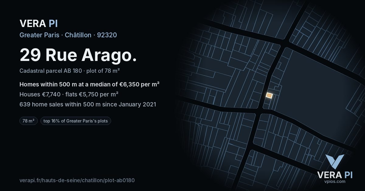 29 Rue Arago, Châtillon at night – the plot lit, the parcels around coloured by the prices near them