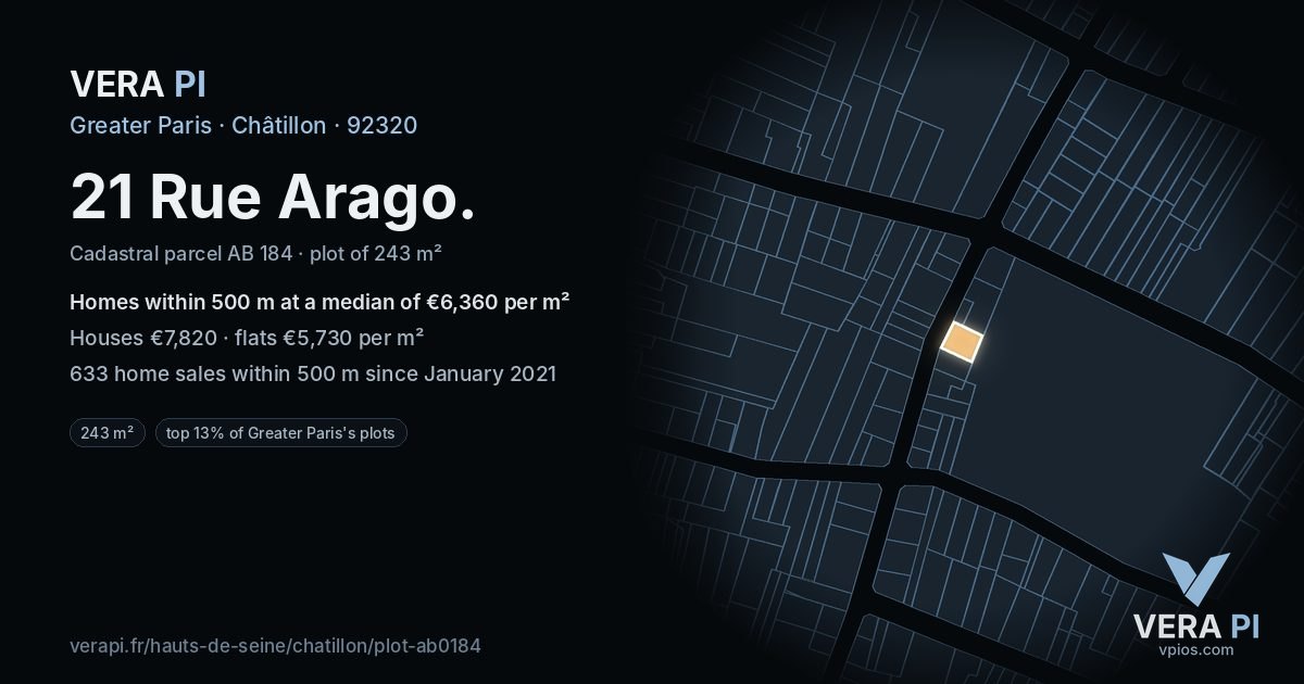 21 Rue Arago, Châtillon at night – the plot lit, the parcels around coloured by the prices near them