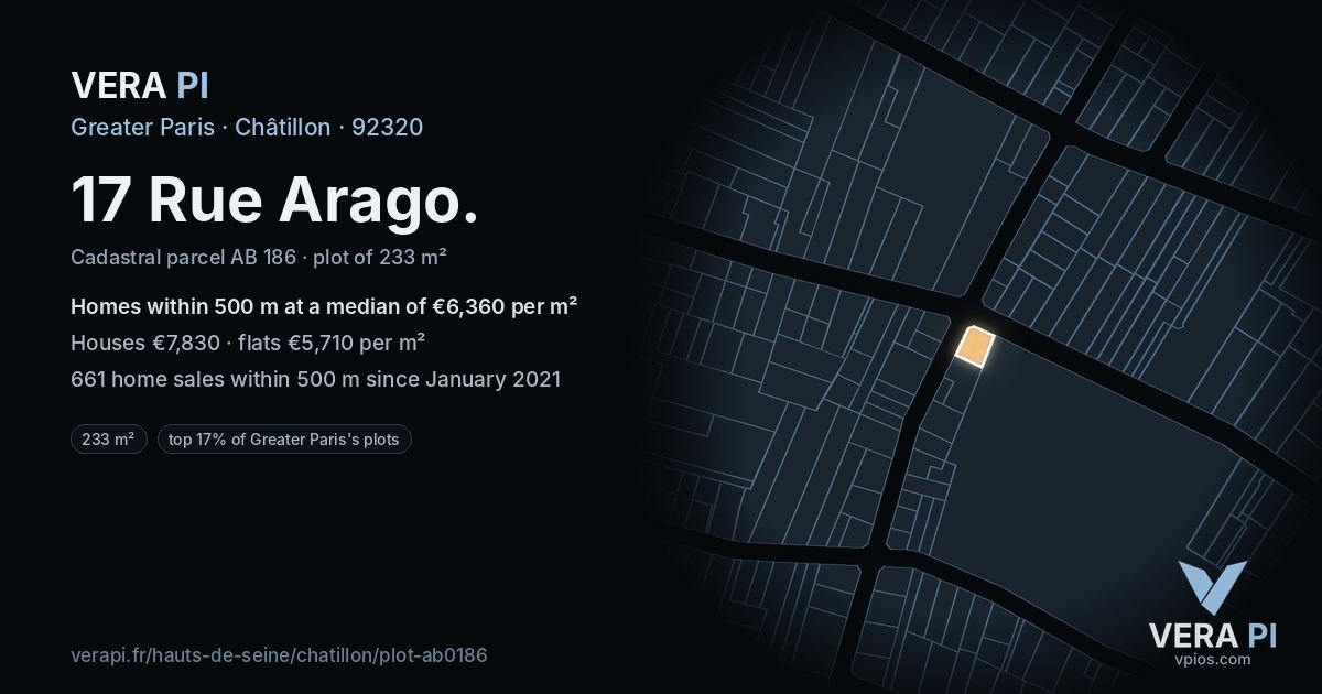 17 Rue Arago, Châtillon at night – the plot lit, the parcels around coloured by the prices near them