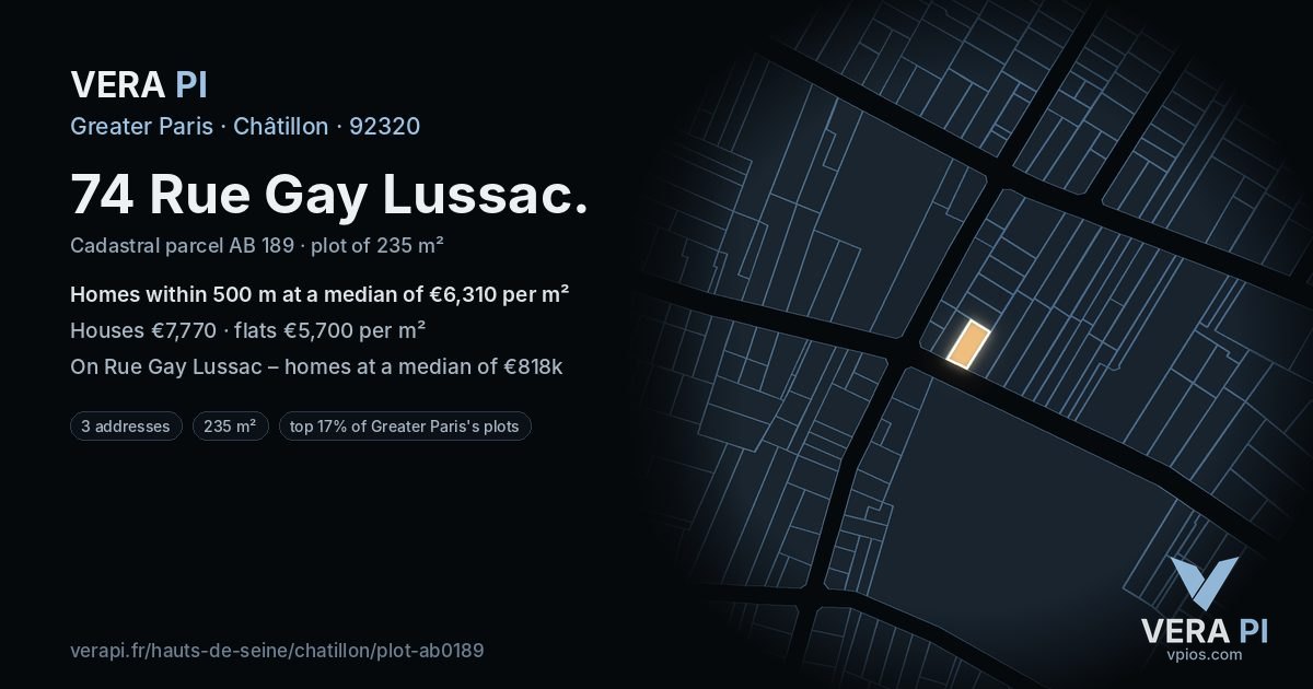 74 Rue Gay Lussac, Châtillon at night – the plot lit, the parcels around coloured by the prices near them