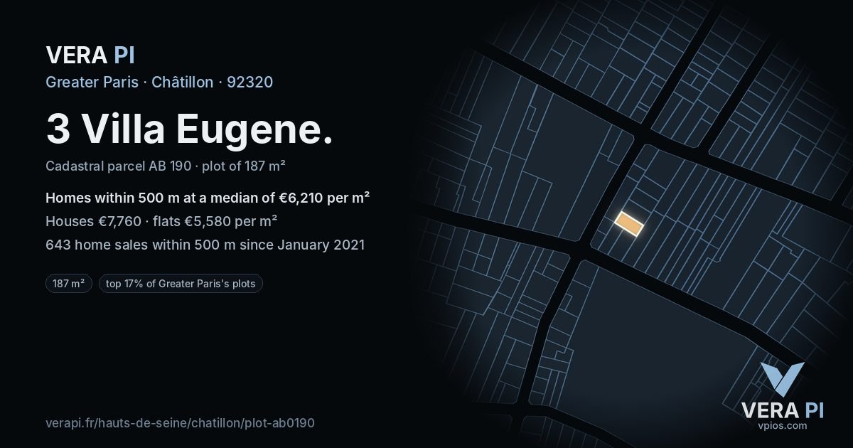 3 Villa Eugene, Châtillon at night – the plot lit, the parcels around coloured by the prices near them