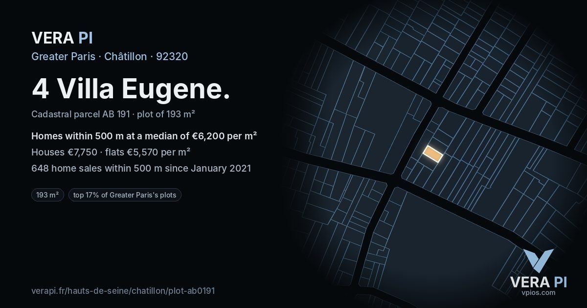 4 Villa Eugene, Châtillon at night – the plot lit, the parcels around coloured by the prices near them
