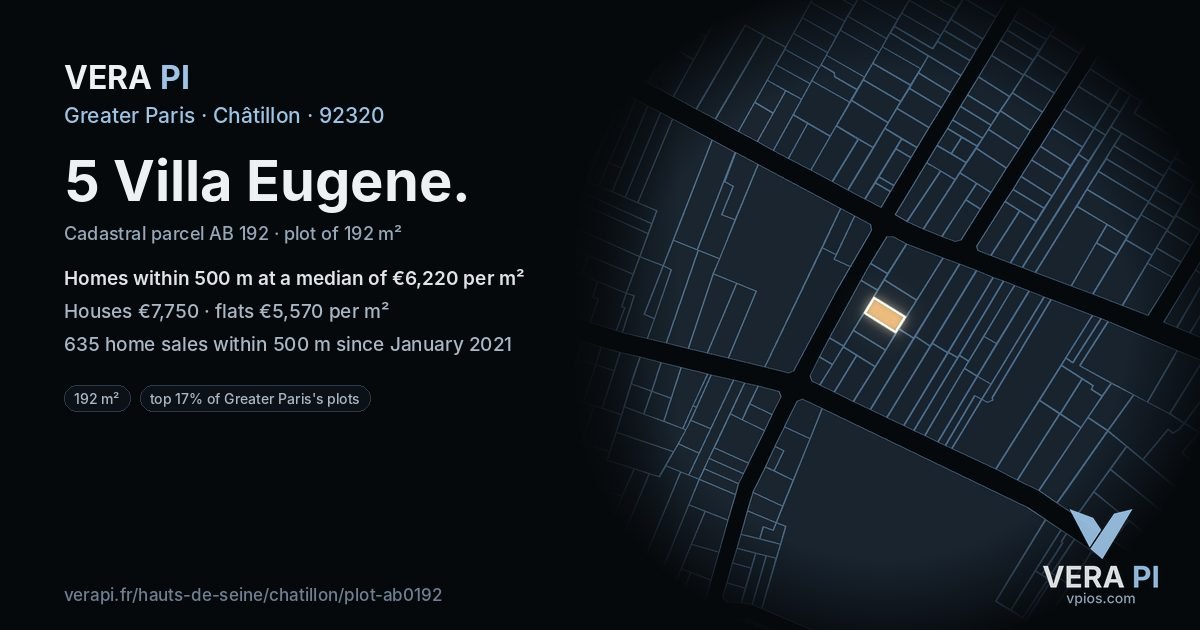 5 Villa Eugene, Châtillon at night – the plot lit, the parcels around coloured by the prices near them