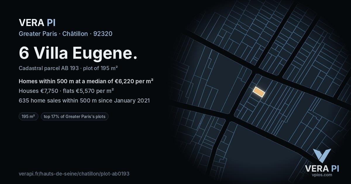 6 Villa Eugene, Châtillon at night – the plot lit, the parcels around coloured by the prices near them