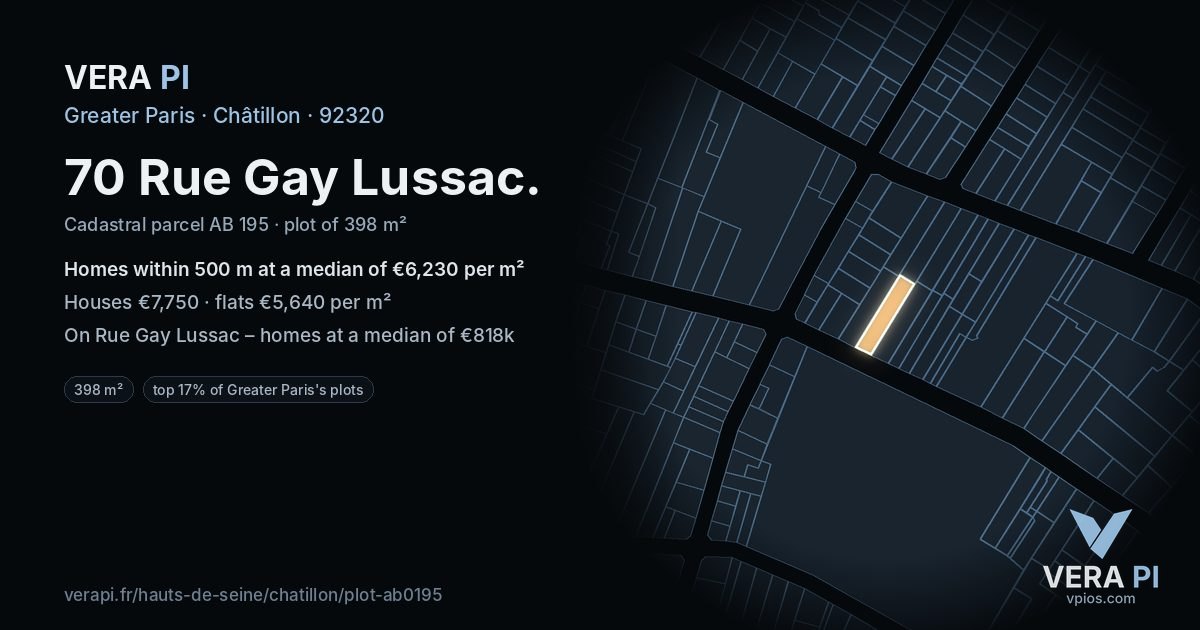 70 Rue Gay Lussac, Châtillon at night – the plot lit, the parcels around coloured by the prices near them