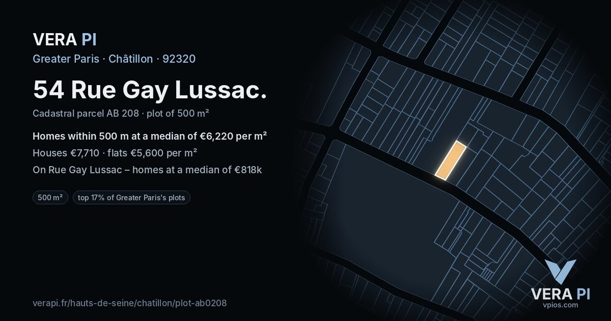 54 Rue Gay Lussac, Châtillon at night – the plot lit, the parcels around coloured by the prices near them