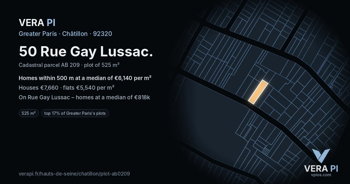 50 Rue Gay Lussac, Châtillon at night – the plot lit, the parcels around coloured by the prices near them
