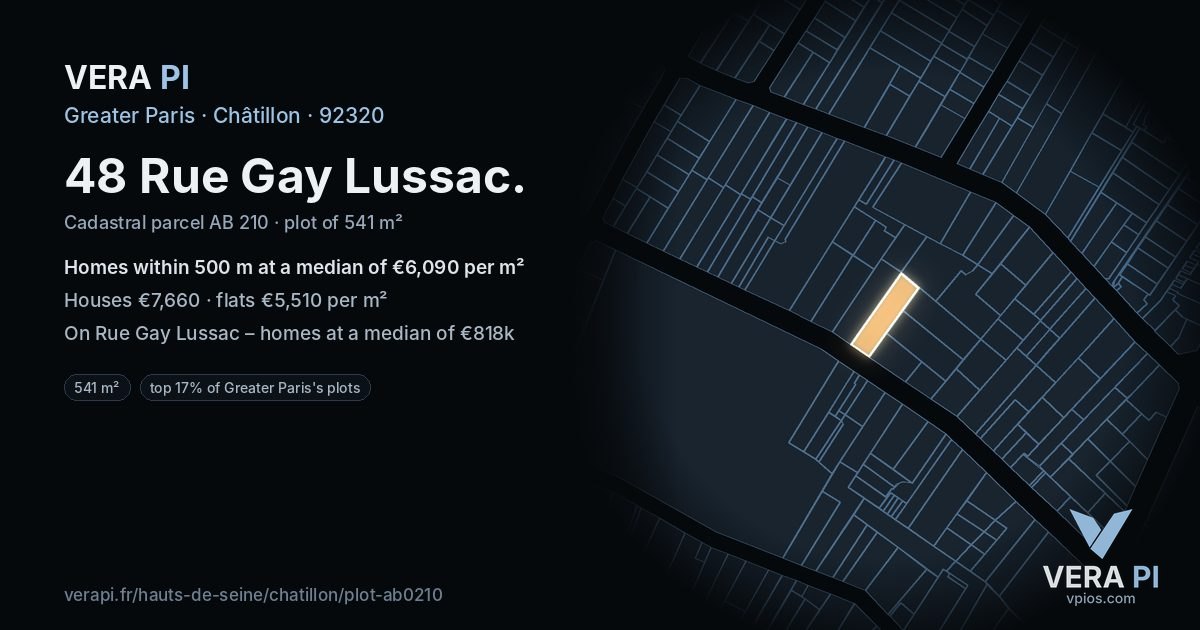 48 Rue Gay Lussac, Châtillon at night – the plot lit, the parcels around coloured by the prices near them